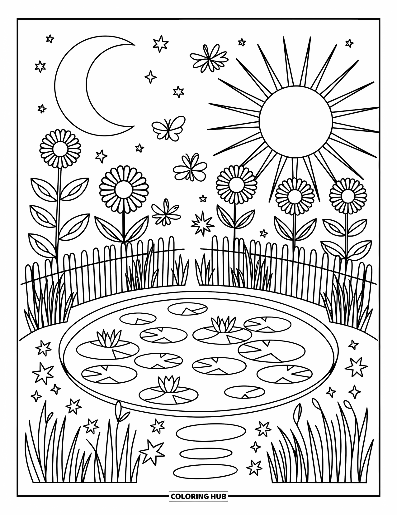 Sun And Moon Coloring Page for Adults: The moon shines over a pond as the sun rises on a garden of flowers