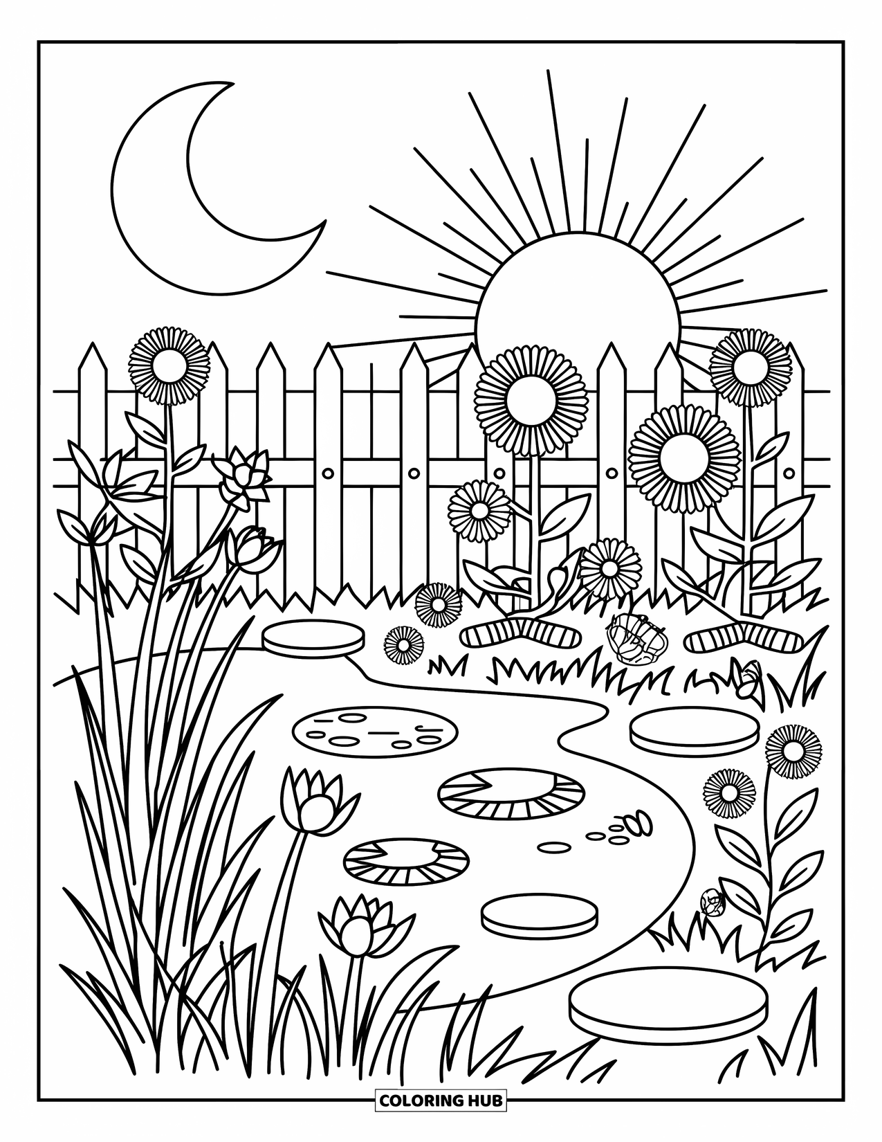 Sun And Moon Coloring Page for Adults: The moon watches over a pond while the sun lights up a blooming garden
