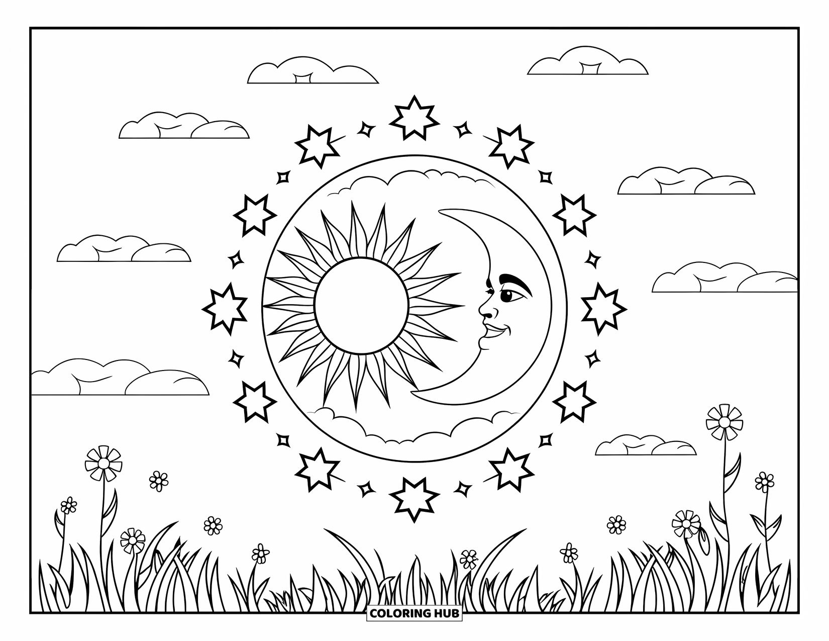 Sun And Moon Coloring Page for Kids: A bright sun and moon with stars above a grassy field and soft clouds