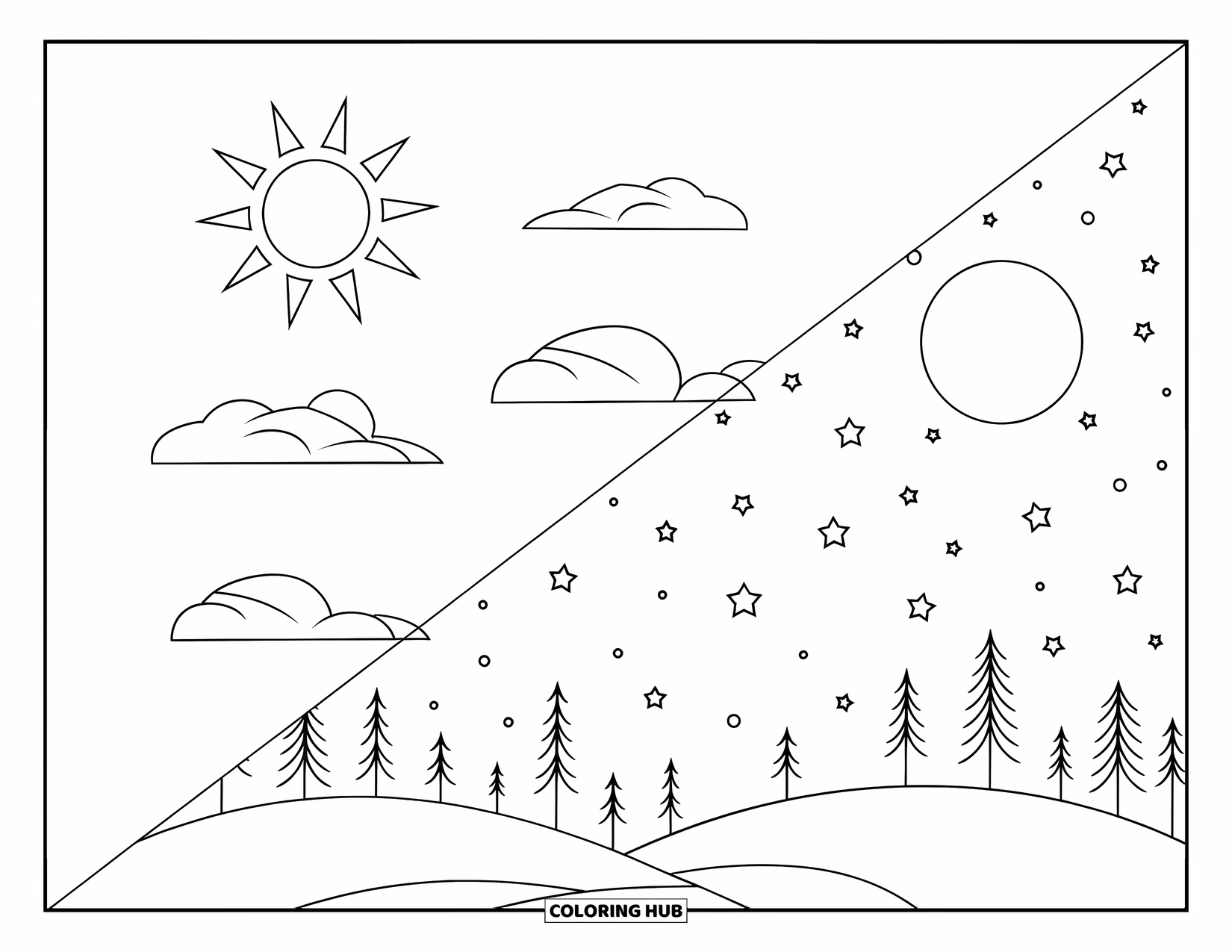 Sun And Moon Coloring Page for Kids: A cheerful sun and glowing moon share the sky with trees and fluffy clouds