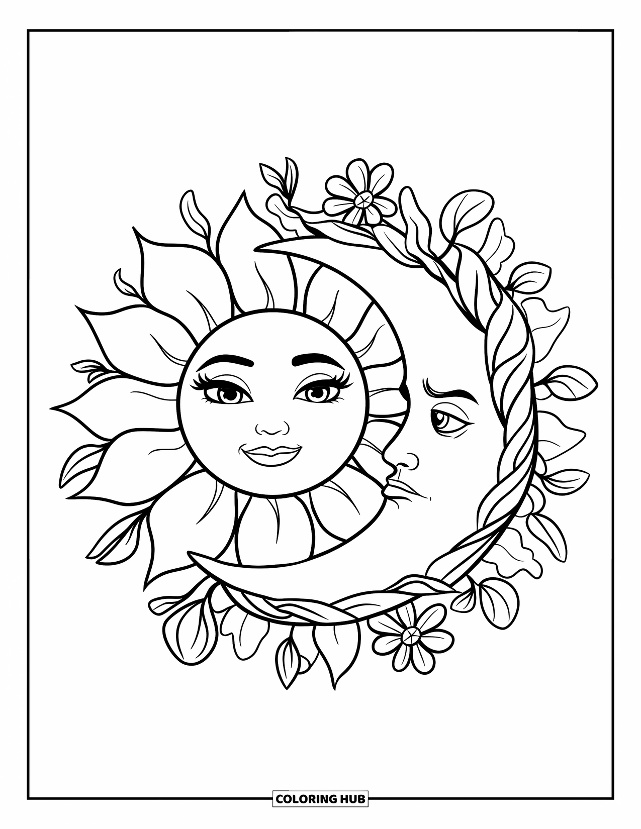 Sun And Moon Coloring Page for Kids: A happy sun and leafy moon sit among flowers and swirling leaves
