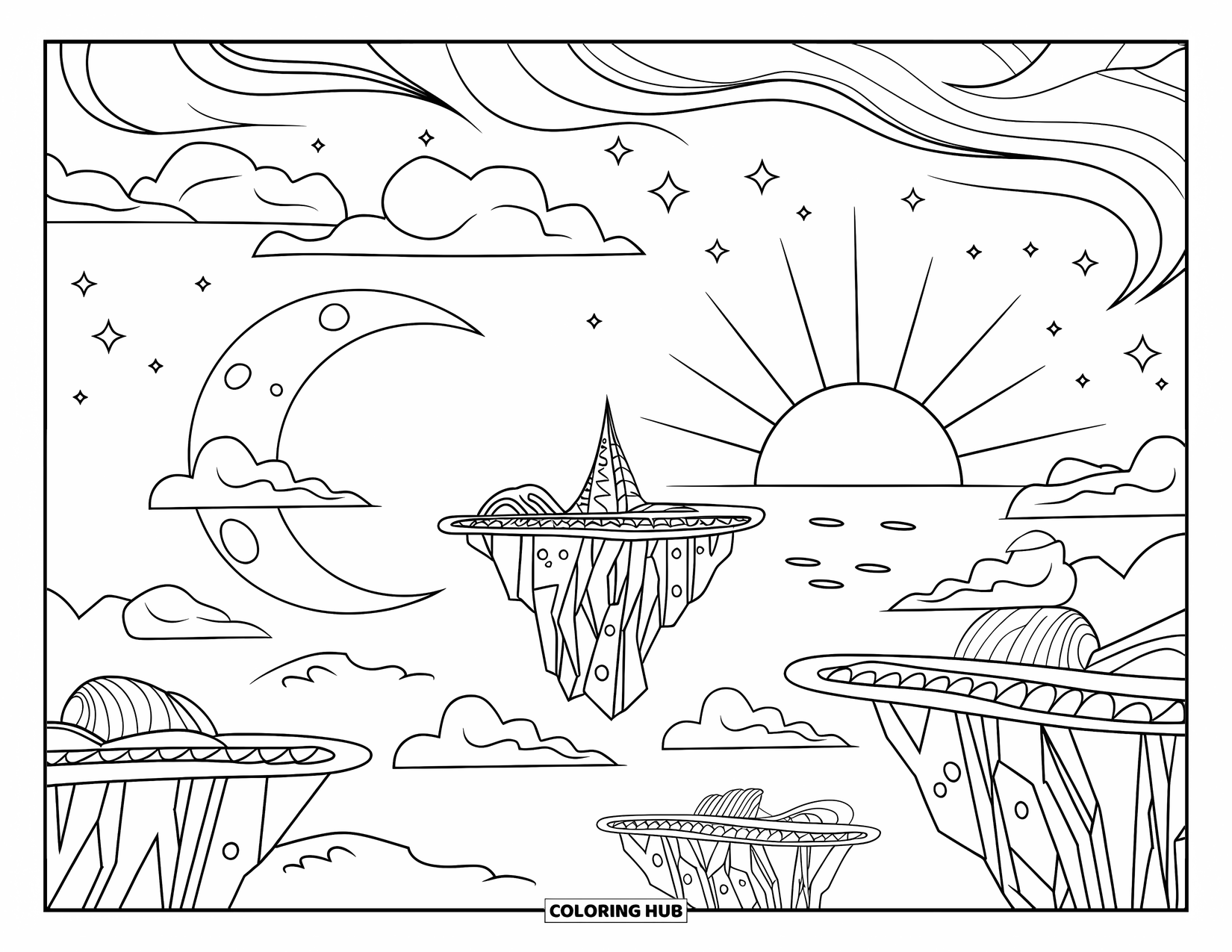 Sun And Moon Coloring Page for Kids: A magical skyline with floating buildings, swirling clouds, and a celestial sun and moon