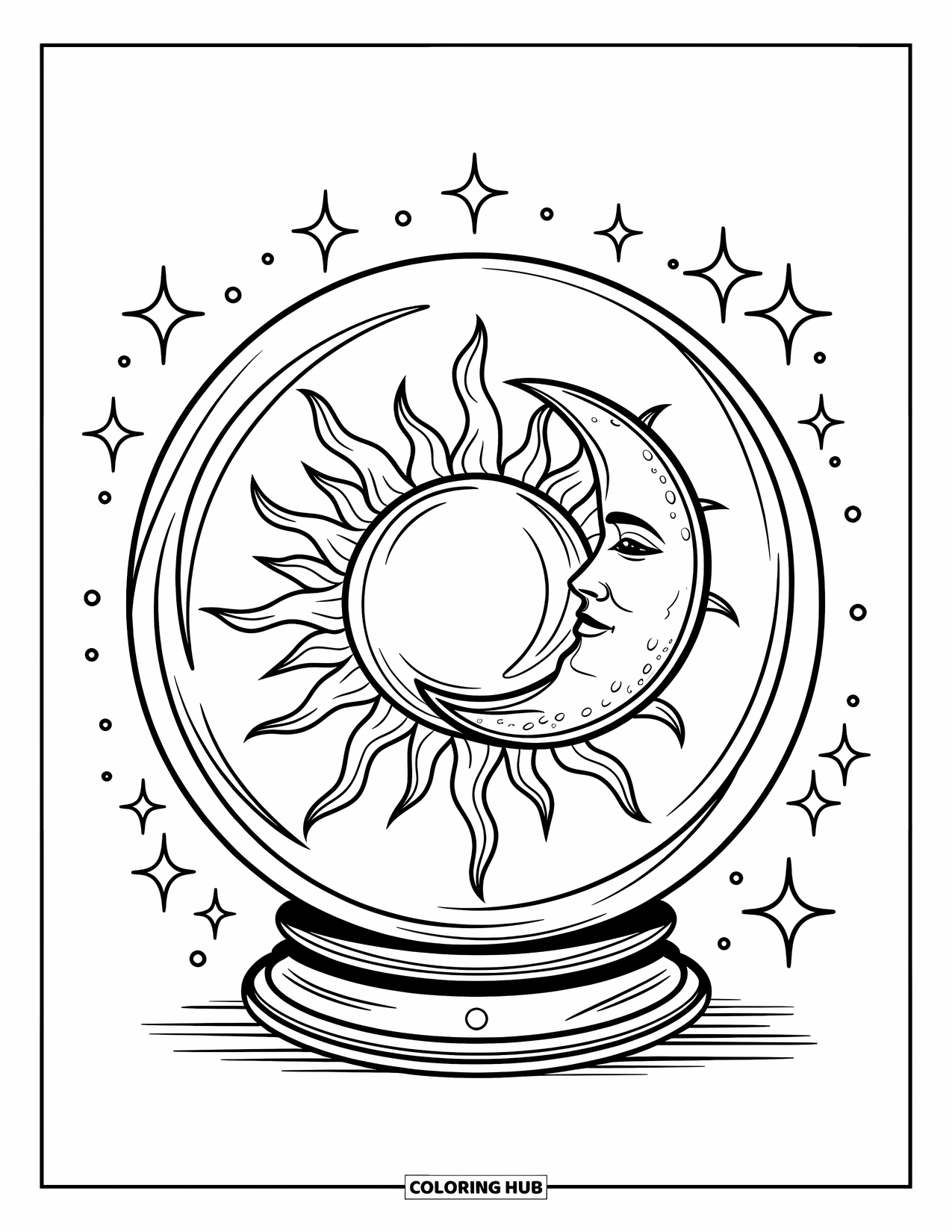 Sun And Moon Coloring Page for Kids: A sun and moon sparkle inside a crystal ball surrounded by tiny stars