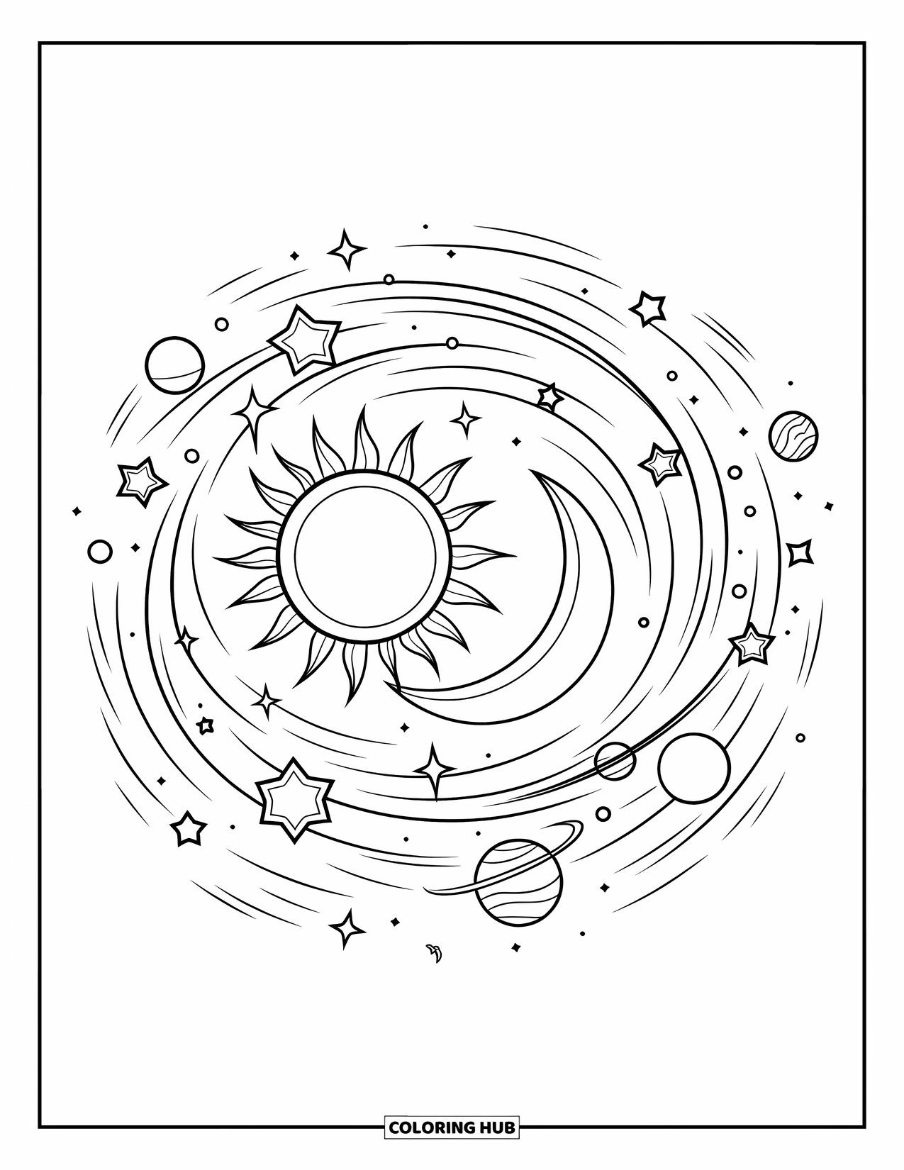 Sun And Moon Coloring Page for Kids: A swirling scene of stars and planets surrounds a big sun and moon