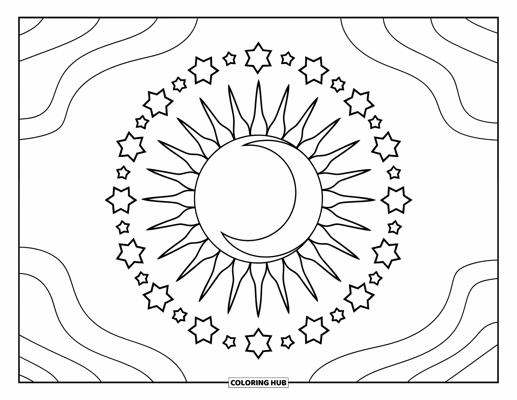 Sun And Moon Coloring Page for Kids: The sun and moon shine together surrounded by tiny and large twinkling stars