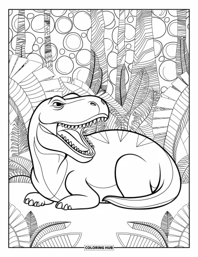 Coloriage de T-Rex pour adultes : Un T-Rex serein est assis parmi des arbres et des feuilles aux motifs bien définis