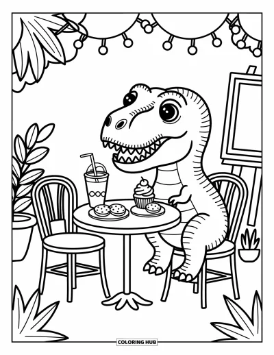 Coloriage de T-Rex pour adultes : Un T-Rex heureux est assis dans un petit café entouré de lumières et de douceurs