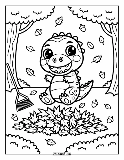 Coloriage de T-Rex pour adultes : Un T-Rex joyeux plonge dans des feuilles colorées dans un parc paisible