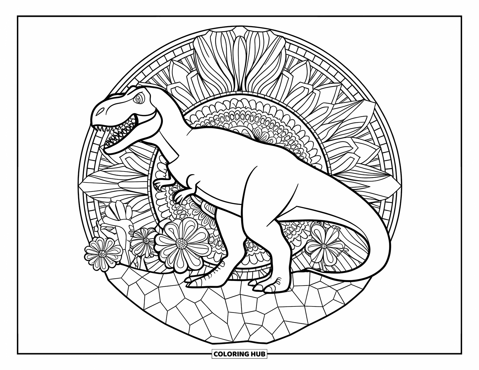 T-Rex Coloring Page for Adults: A mandala-style T-Rex stands among prehistoric flowers on rocky terrain