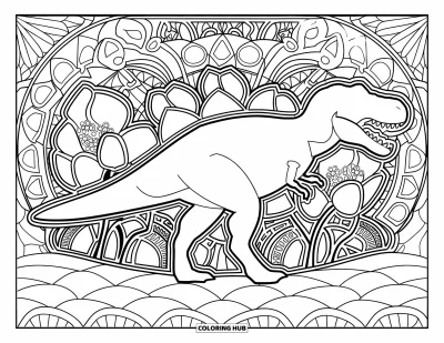 Coloriage de T-Rex pour adultes : Un T-Rex mandala parcourt des collines et des vallées remplies de formes finement détaillées