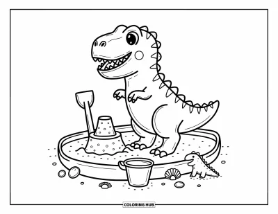Coloriage de T-Rex pour adultes : Un T-Rex fier joue avec des jouets et des coquillages tout en construisant un château de sable