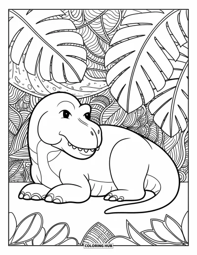 Coloriage de T-Rex pour adultes : Un T-Rex au repos est assis tranquillement dans une jungle de feuilles et de lianes ornées