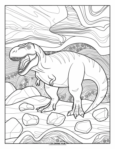 Coloriage de T-Rex pour adultes : Un T-Rex rugissant est entouré de vagues de lignes tourbillonnantes et de pierres