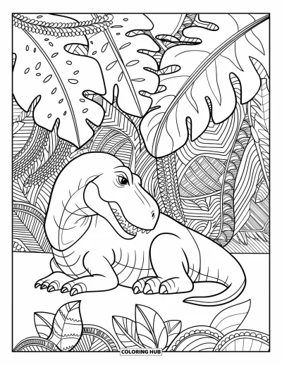 Coloriage de T-Rex pour adultes : Un T-Rex assis baisse la tête dans une jungle remplie d'un feuillage tourbillonnant