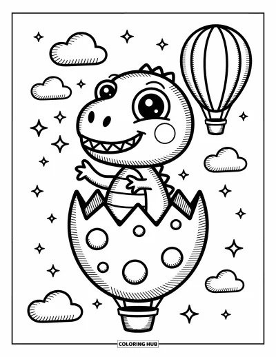 Coloriage de T-Rex pour adultes : Un T-Rex qui fait signe vogue dans un œuf-ballon parmi des oiseaux et des nuages gonflés