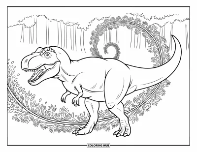 Coloriage de T-Rex pour adultes : Un T-Rex aux pattes écartées avance parmi des lianes formant un sentier forestier en spirale