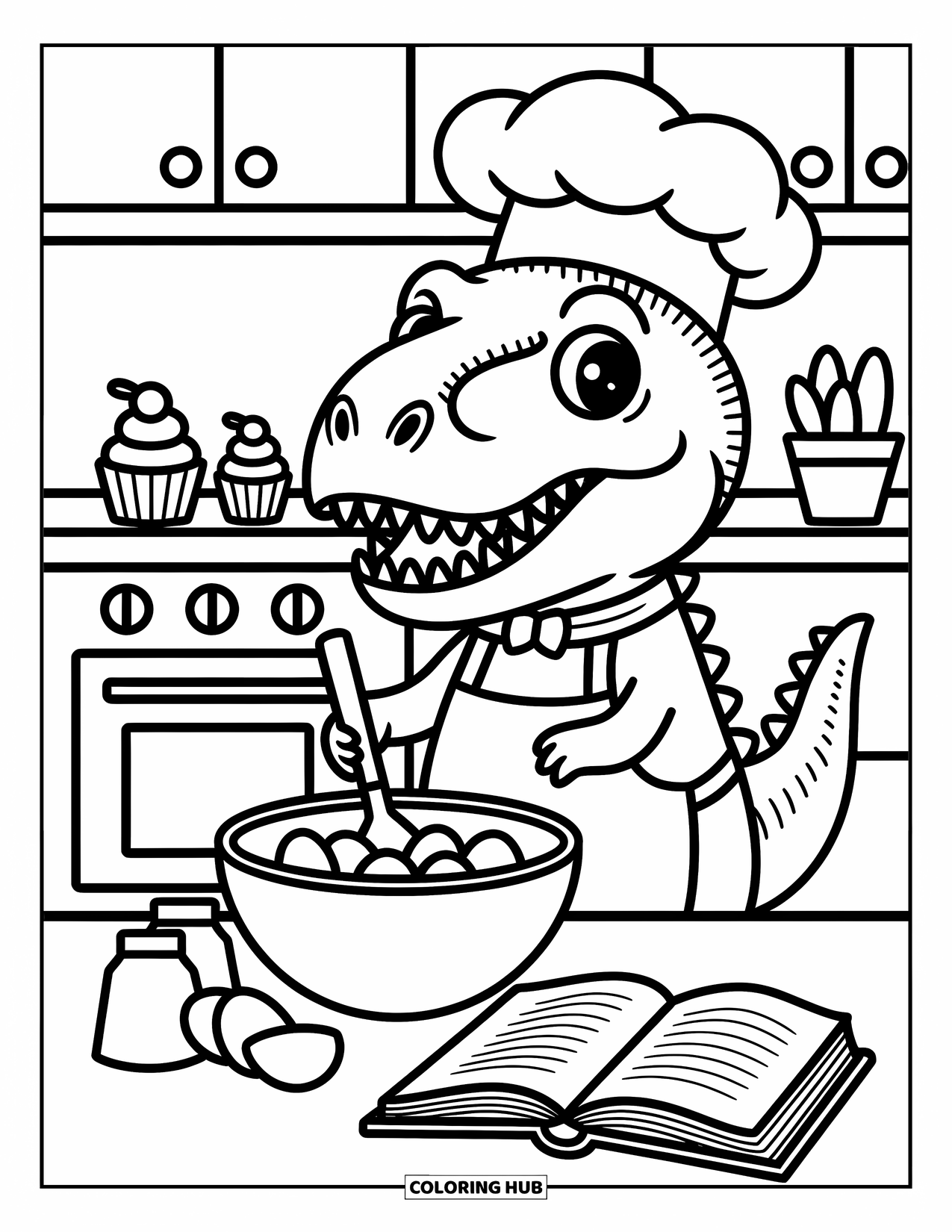 T-Rex Coloring Page for Adults: Chef T-Rex mixes ingredients beside cupcakes and an open recipe book