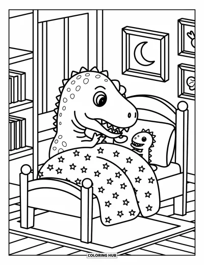 Coloriage de T-Rex pour adultes : Un T-Rex douillet fait la sieste dans son lit avec un dino en peluche et la lune visible à la fenêtre