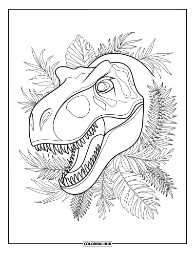 Coloriage de T-Rex pour adultes : Une tête de T-Rex détaillée est entourée de fougères complexes et de grandes feuilles tropicales