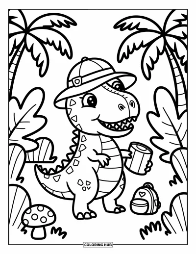 Coloriage de T-Rex pour adultes : Un T-Rex explorateur se tient dans une forêt avec une carte et un champignon à ses côtés