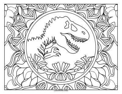 Coloriage de T-Rex pour adultes : Des mandalas de fleurs et de lianes encadrent un T-Rex sur un fond luxuriant et orné