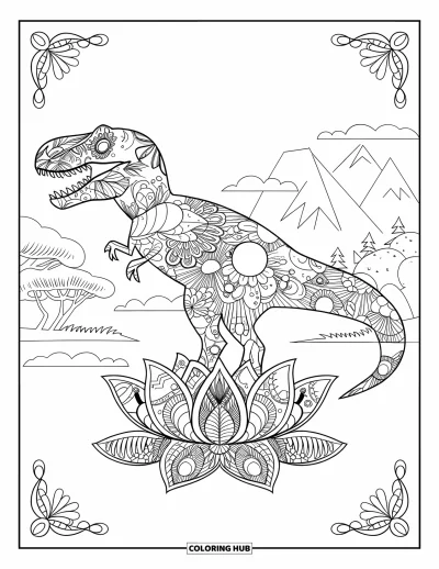 Coloriage de T-Rex pour adultes : Un T-Rex au style mandala se tient sur une fleur de lotus dans un décor naturel serein