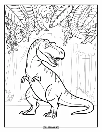 Coloriage de T-Rex pour adultes : Un T-Rex assis se repose sous de grandes feuilles de jungle aux motifs complexes
