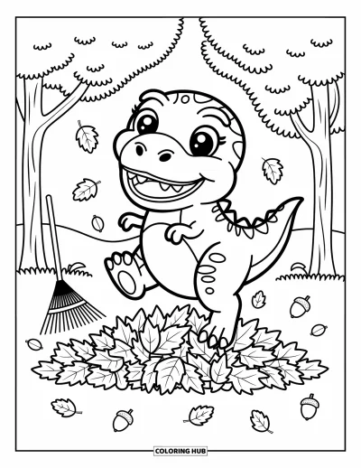 Coloriage de T-Rex pour adultes : Un T-Rex souriant saute dans un tas de feuilles avec des glands qui tombent doucement alentour