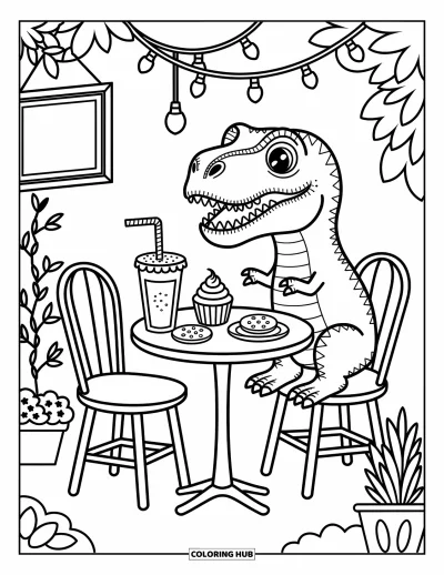 Coloriage de T-Rex pour adultes : Un T-Rex souriant sirote une grande boisson à côté de biscuits et de petits gâteaux