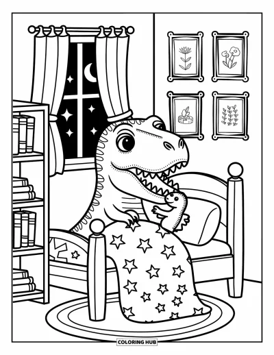 Coloriage de T-Rex pour adultes : Bien au chaud dans son lit, un T-Rex serre un dino en peluche sous la lueur de la lune