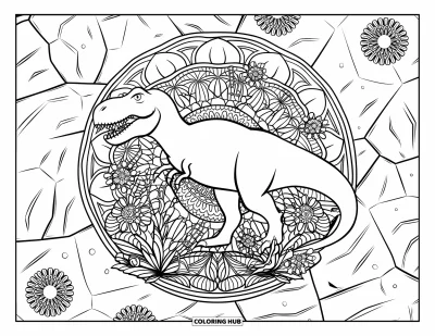 Coloriage de T-Rex pour adultes : Un T-Rex et des fleurs anciennes sont entourés de motifs mandala tourbillonnants