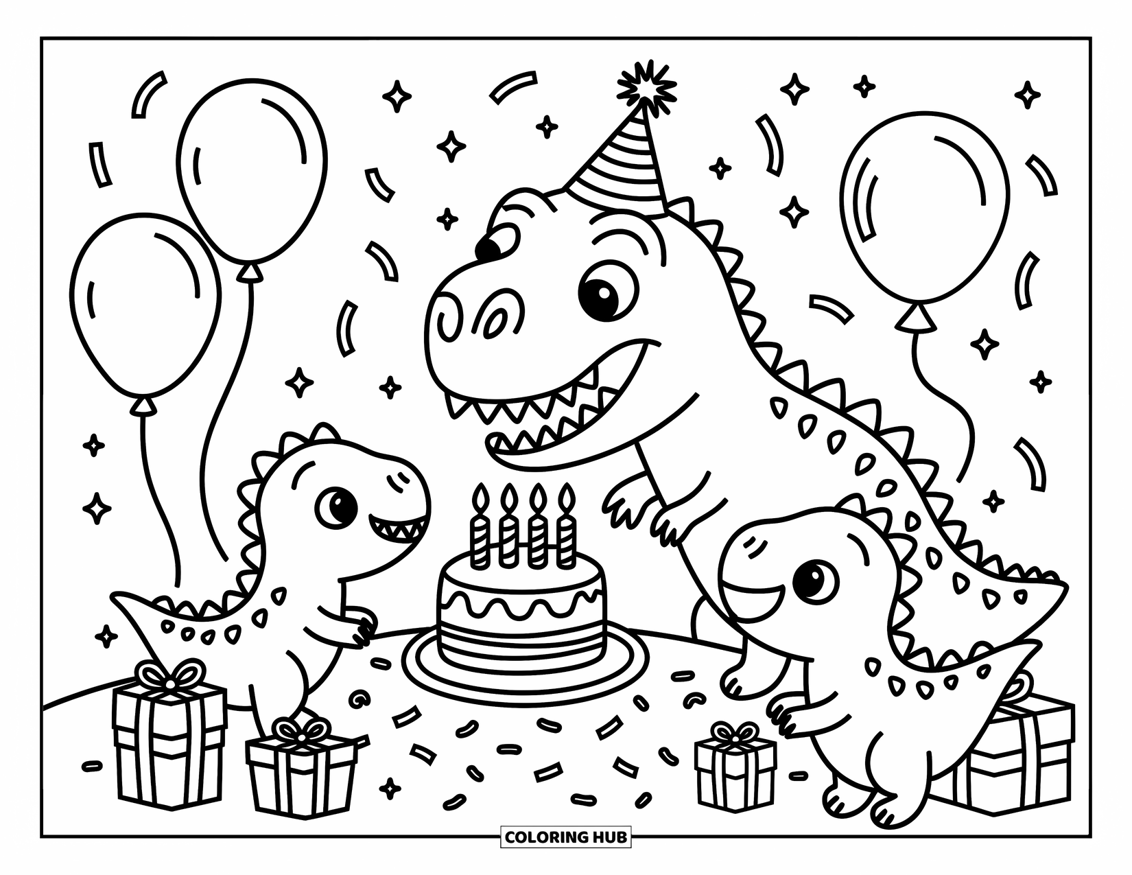 T-Rex Coloring Page for Adults: T-Rex blows out candles while friends cheer beside streamers and gift boxes