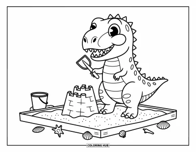 Coloriage de T-Rex pour adultes : Un T-Rex construit un château de sable avec une petite pelle dans un bac à sable ensoleillé