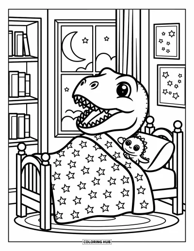 Coloriage de T-Rex pour adultes : Un T-Rex enlace un dino en peluche bien calé dans son lit avec une couverture étoilée
