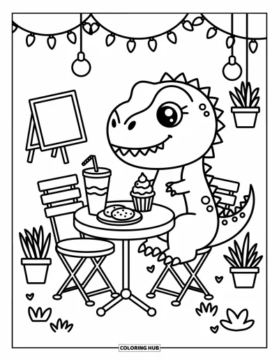 Coloriage de T-Rex pour adultes : Un T-Rex déguste des biscuits et une boisson à une table de café chaleureuse ornée de guirlandes lumineuses
