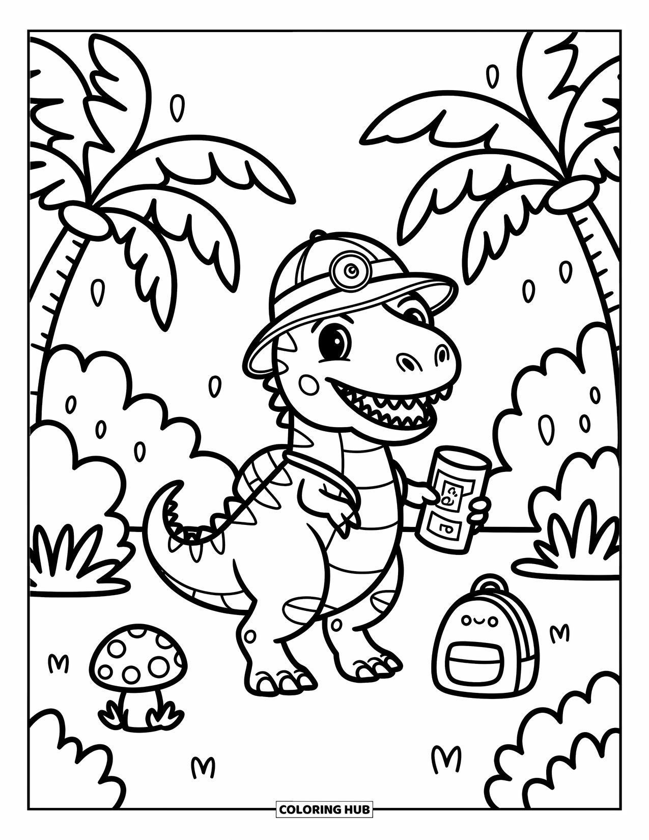 T-Rex Coloring Page for Adults: T-Rex explores a cozy clearing with plants, a mushroom, and adventure gear