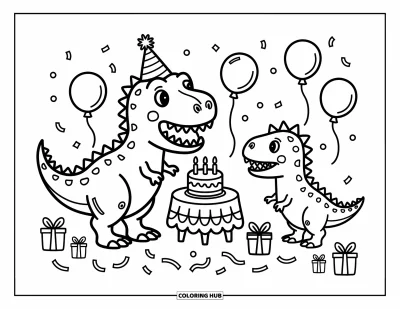 Coloriage de T-Rex pour adultes : Un T-Rex sourit devant des ballons et un gâteau pendant que des amis lancent des serpentins à proximité