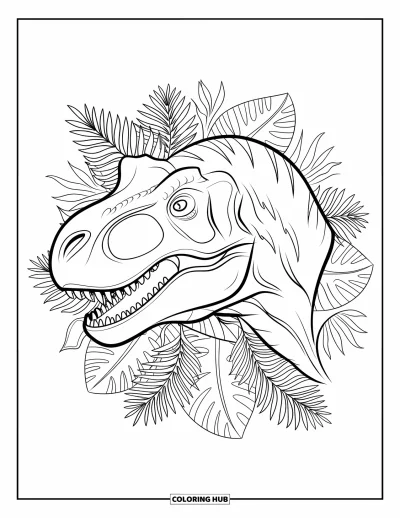 Coloriage de T-Rex pour adultes : Une tête de T-Rex montre ses dents acérées entourée de motifs de feuilles ornementaux
