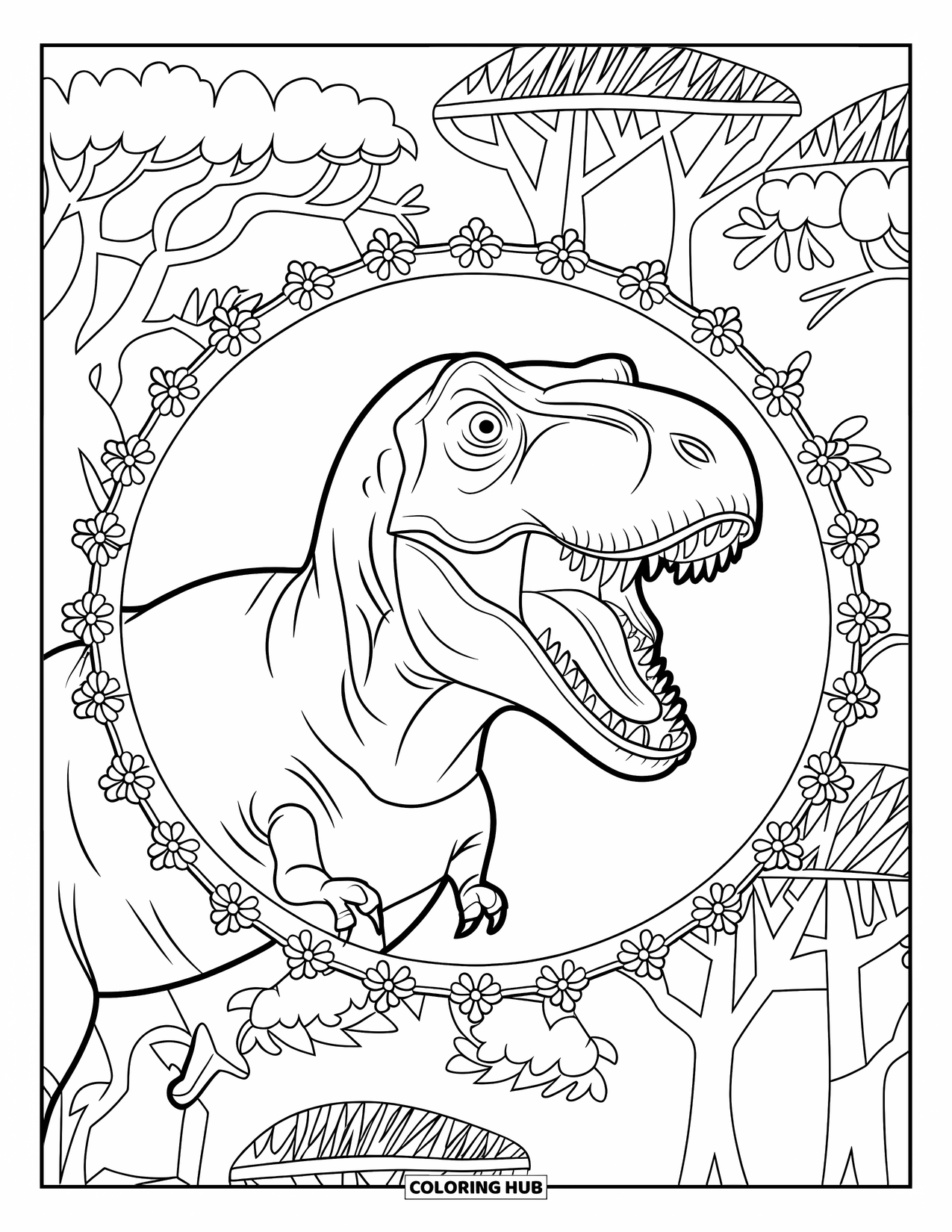 T-Rex Coloring Page for Adults: T-Rex is framed by floral borders and tall prehistoric tree designs