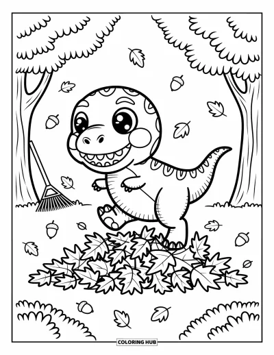 Coloriage de T-Rex pour adultes : Un T-Rex bondit dans des feuilles d'automne tandis qu'un râteau s'appuie contre un arbre