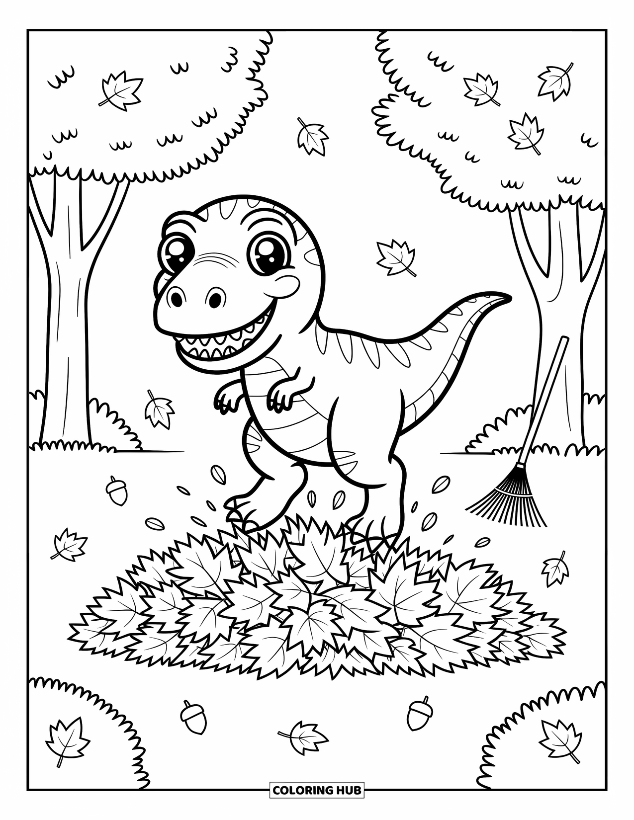 T-Rex Coloring Page for Adults: T-Rex plays in a pile of leaves while acorns fall and a rake rests nearby