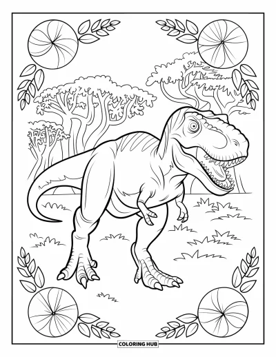 Coloriage de T-Rex pour adultes : Un T-Rex pose parmi des cercles fleuris et d'anciens arbres forestiers aux motifs ornés