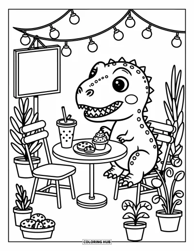 Coloriage de T-Rex pour adultes : Un T-Rex se détend à une table de café avec des amuse-gueules, des plantes et une ardoise