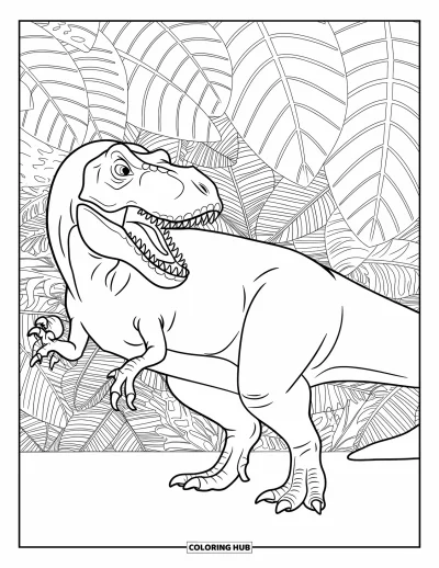 Coloriage de T-Rex pour adultes : Un T-Rex se repose dans la jungle avec de grandes feuilles formant une bordure ornée