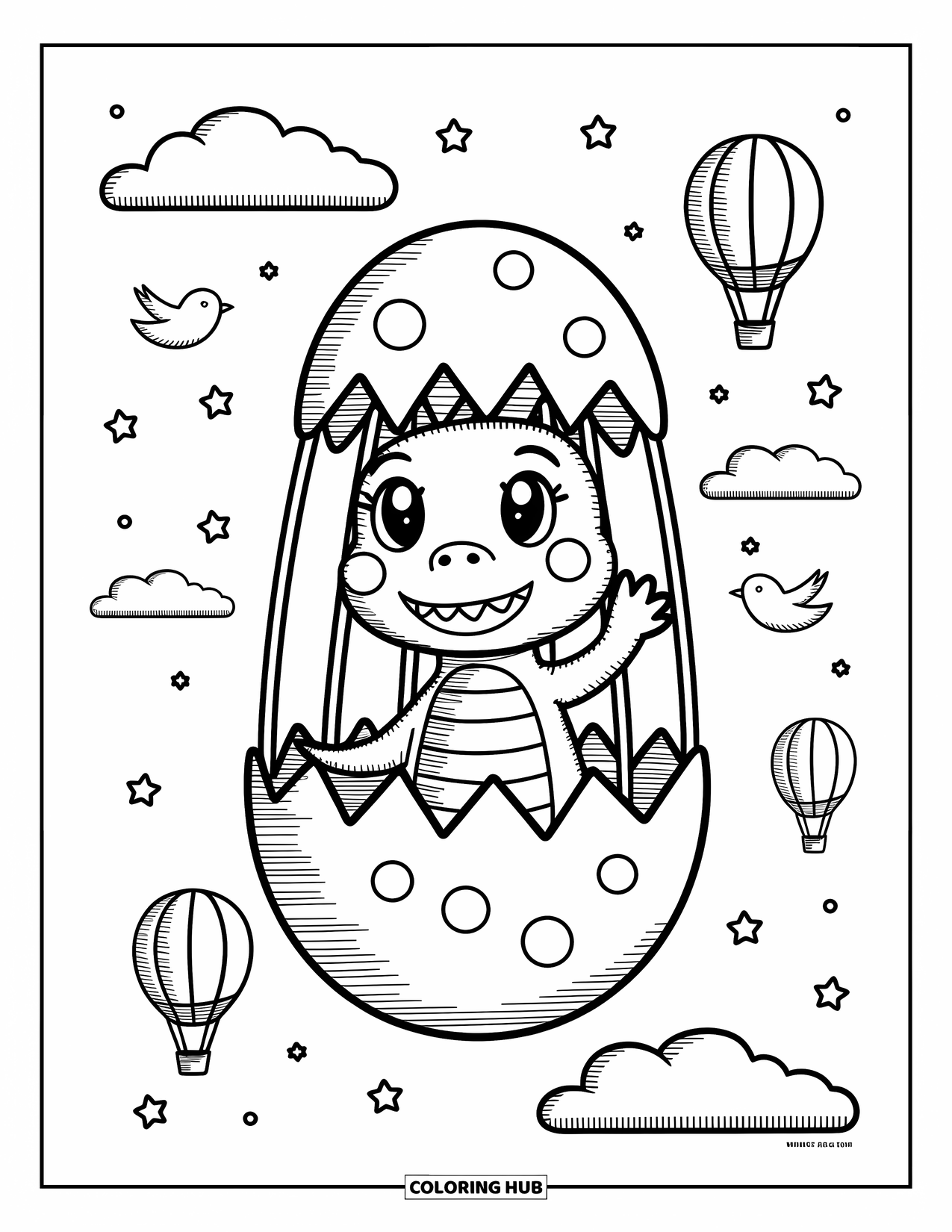 T-Rex Coloring Page for Adults: T-Rex rides a balloon egg in the sky with clouds, stars, and tiny birds