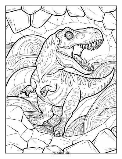 Coloriage de T-Rex pour adultes : Un T-Rex rugit puissamment avec des motifs tourbillonnants et des textures rocheuses tout autour