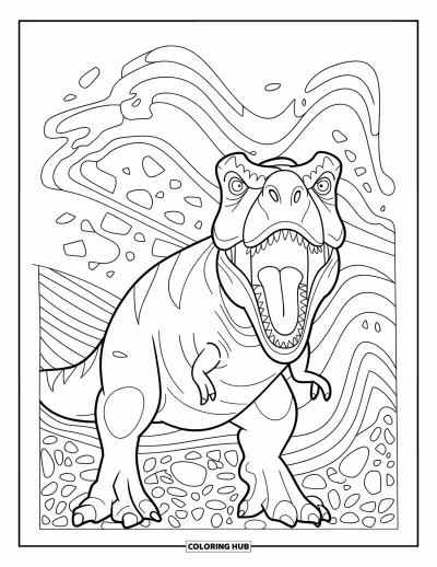 Coloriage de T-Rex pour adultes : Un T-Rex rugit au milieu de tourbillons détaillés et d'un champ de pierres ornées