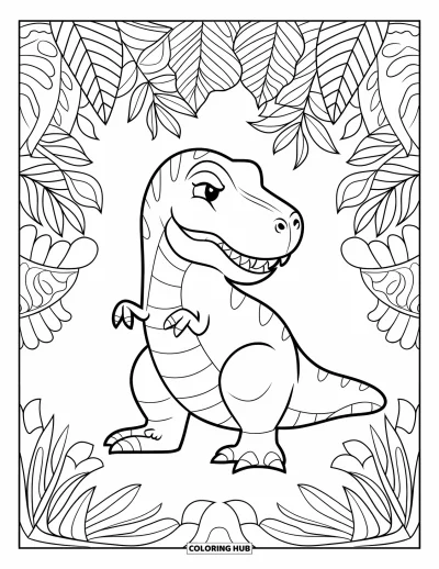 Coloriage de T-Rex pour adultes : Un T-Rex est assis paisiblement sous un dais de jungle rempli de feuilles finement détaillées
