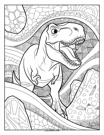 Coloriage de T-Rex pour adultes : Un T-Rex se tient parmi des tourbillons circulaires et des motifs de pierre gravés