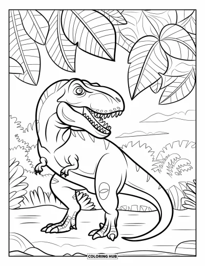 Coloriage de T-Rex pour adultes : Un T-Rex se tient calmement sous un dais de feuilles de jungle aux détails marqués